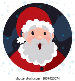 Button with cute, surprised Santa Claus ready to celebrate Xmas, delivering many gifts in a winter night.