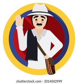 Button decorated with Colombian flag colors and man wearing traditional arriero paisa garment: carriel bag, poncho and hat.