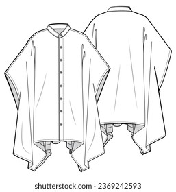 Button Down Caftan Top Front and Back View. Fashion Flat Sketch Vector Illustration, CAD, Technical Drawing, Flat Drawing, Template, Mockup.