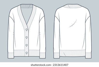 Botón abajo Ilustración de moda técnica Cardigan. Moda de sudaderas planas de dibujo técnico, cuello v, manga larga, vista frontal y trasera, blanco, mujeres, hombres, maquillaje CAD unisex.