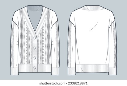 Button down Cardigan technical fashion illustration. Pigtails Cardigan fashion flat technical drawing template, v neck, long sleeve, front and back view, white, women, men, unisex CAD mockup set.