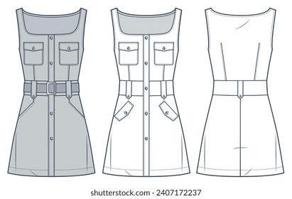 Button Down Dress technical fashion Illustration. Mini Dress fashion technical drawing template, A-line, square neck, belted, pocket, front and back view, white, grey, women's Dress CAD mockup set.