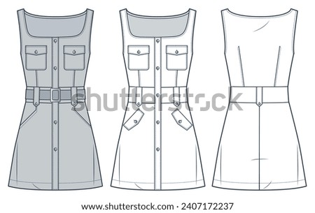 Button Down Dress technical fashion Illustration. Mini Dress fashion technical drawing template, A-line, square neck, belted, pocket, front and back view, white, grey, women's Dress CAD mockup set.