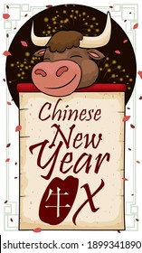 Button with festive fireworks display, smiling ox face and scroll announcing the Chinese New Year of the Ox (written in Chinese calligraphy).