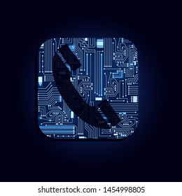 Button filled with lighting electronic circuit. Button with phone symbol. Blue background.