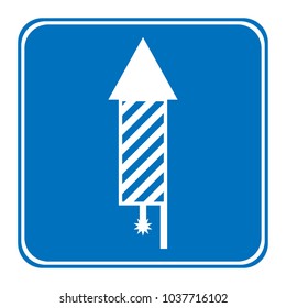 Button with fireworks rocket icon on white background. Vector illustration.