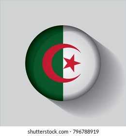 Button Flag of Algeria in a round metal chrome frame with a shadow. Icon representing round button Algeria flag. Ideal for catalogs of institutional materials and geography