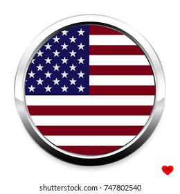 Button Flag of America in a round metal chrome frame with a shadow. The symbol of Independence Day, a souvenir, a button for switching the language on the site, an icon.