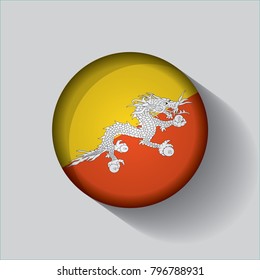 Button Flag of Bhutan in a round metal chrome frame with a shadow. Icon representing round button Bhutan flag. Ideal for catalogs of institutional materials and geography
