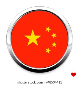 Button Flag von China in einem runden Metall-Chrom-Rahmen mit einem Schatten. Das Symbol des Unabhängigkeitstags, ein Souvenir, ein Knopf zum Umschalten der Sprache auf der Website, ein Symbol.