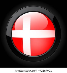 Button with the flag of Denmark on black background.  Illustration.