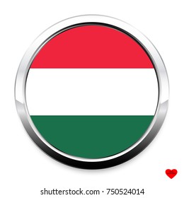 Button Flag of Hungary in a round metal chrome frame with a shadow. The symbol of Independence Day, a souvenir, a button for switching the language on the site, an icon.