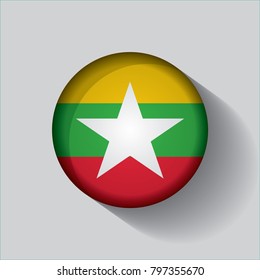 Button Flag of Myanmar in a round metal chrome frame with a shadow. Icon representing round button Myanmar flag. Ideal for catalogs of institutional materials and geography.