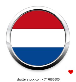 Button Flag of Netherlands in a round metal chrome frame with a shadow. The symbol of Independence Day, a souvenir, a button for switching the language on the site, an icon.