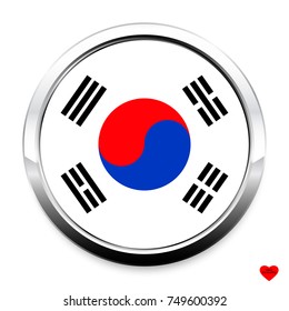 Button Flag of South Korea in a round metal chrome frame with a shadow. The symbol of Independence Day, a souvenir, a button for switching the language on the site, an icon.