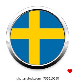 Button Flag of Sweden in a round metal chrome frame with a shadow. The symbol of Independence Day, a souvenir, a button for switching the language on the site, an icon.