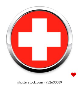 Button Flag der Schweiz in einem runden Metallchromrahmen mit Schatten. Das Symbol des Unabhängigkeitstags, ein Souvenir, ein Knopf zum Umschalten der Sprache auf der Website, ein Symbol.