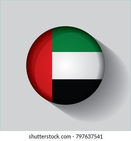 Button Flag of United Arab Emirates in a round metal chrome frame with a shadow. Icon representing round button United Arab Emirates flag. Ideal for catalogs of institutional materials and geography.