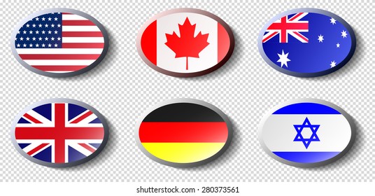 button flag USA, UK, Canada, Israel, Australia, Germany