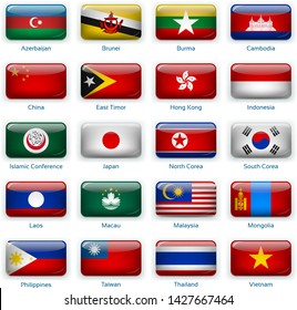 Button flags Eastern Asia. Vector illustration. 3 layers. Shadows, flat flag you can use it separately, button. Collection of 220 world flags. Accurate colors. Easy changes.