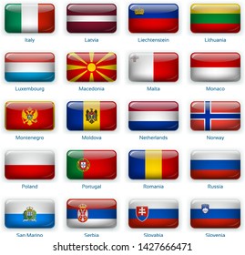 Button flags Europe two. Vector illustration. 3 layers. Shadows, flat flag you can use it separately, button. Collection of 220 world flags. Accurate colors. Easy changes.