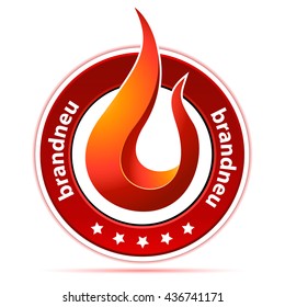 button with flame and text in german "brand new"