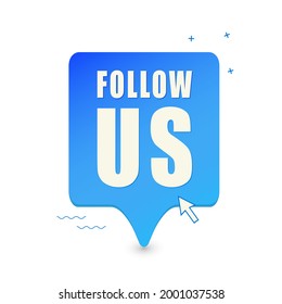 Button. Follow us. Blue button with arrow and memphis style elements. Vector illustration.