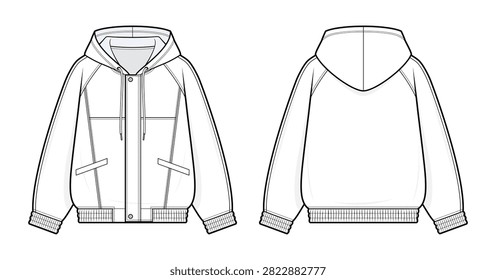 Button Front Hooded Jacket Technical Fashion Illustration. Utility Hoodie with Chest Yoke Panels, Angled Welt Pockets and Rib Knit Trim Vector Template. Front and Back View. Unisex Apparel. CAD Mockup Set.