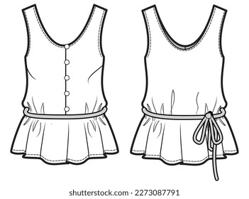 Button front Peplum blouse top design flat sketch fashion illustration with front and back view vector template. Sleeveless button up open peplum tank top cad drawing vector template 