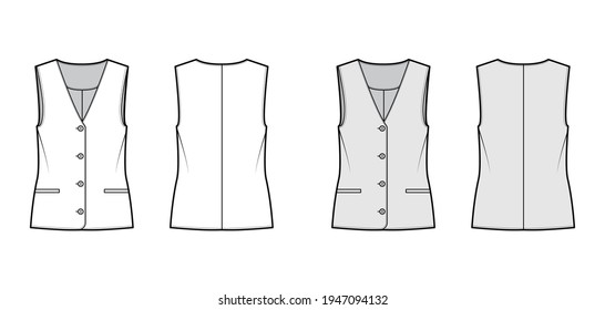 Button front vest waistcoat technical fashion illustration with sleeveless, welt besom pockets, fitted body. Flat apparel template front, back, white, grey color style. Women, men, unisex CAD mockup