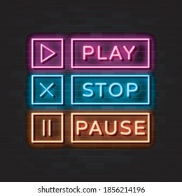 Button game set neon signs vector. Design template neon style