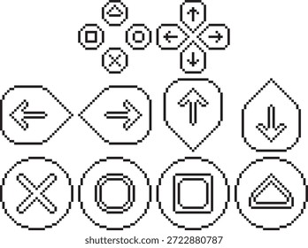 Button glitch Kreuz Dreieck Kreis Richtung Joystick Symbol schwarz-weiß Vektor Pixel Art