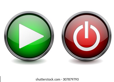 Button. Green and red shiny glass sphere with metal frame. Play and Power icon. Vector