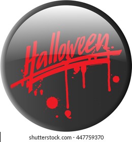 A button with the hand written tag "Halloween" from which blood drips off