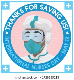 Button with happy, brunette male nurse inside of it, wearing all its protective elements and celebrating International Nurses Day this 12th May with frame decorated with crosses in the background.