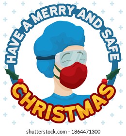 Button with happy nurse wearing a colorful and seasonal half-mask celebrating Christmas at work, reminding at you to stay safe during the holidays.