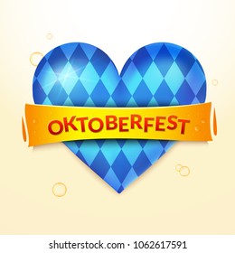 Button heart with blue and white rhombus pattern, german beer fest decoration, Oktoberfest concept design, realistic vector illustration