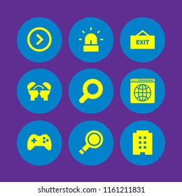 button icon. 9 button set with right arrow circular button, logout, gamepad controller and alarm vector icons for web and mobile app