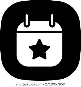 ícone de botão de um calendário com emblema de estrela, símbolo de lembrete de agendamento preenchido.