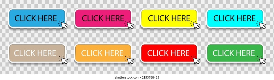 Button icon, click on web button with cursor. Button pointer. Button for website and internet. Illustration and design element of web buttons in different colors. Vector.