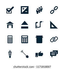 Button icon. collection of 16 button filled icons such as ruler, remote control, calculator, tick, light exposure, pan, chat. editable button icons for web and mobile.