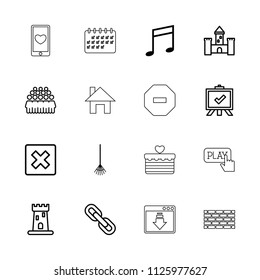 Button icon. collection of 16 button outline icons such as castle, board, group, cancel, rake, music note, chain, calendar. editable button icons for web and mobile.