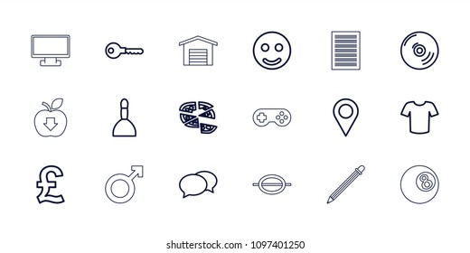 Button icon. collection of 18 button outline icons such as spa bag, chat, t-shirt, key, smile, location, pizza, pound, cd, garage. editable button icons for web and mobile.
