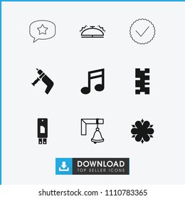 Button icon. collection of 9 button filled and outline icons such as bell, flower, nail gun, note, domino, usb drive, tick. editable button icons for web and mobile.