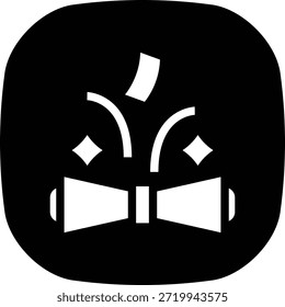 A button icon of confetti explosion from bow-tie shaped element, representing ceremonial celebration, festive moments, and party decoration.