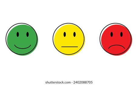 Button Icon Feedback Rating Green Yellow Red. Color Faces Mood - 3 Sticker Vector Icons. flat illustrations of various emoticons