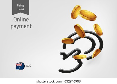 Button icon with flying australian dollar coins, finance concept.