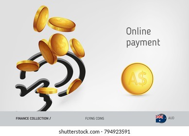 Button icon with flying Australian Dollar coins, finance concept. Vector illustration for print, websites, web design, mobile app, infographics.