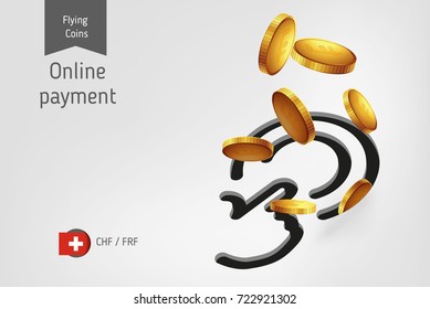 Button icon with flying Franc coins, finance concept. Vector illustration for print, websites, web design, mobile app, infographics.
