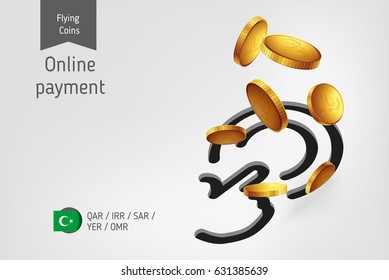 Button icon with flying islamic rial coins, finance concept.